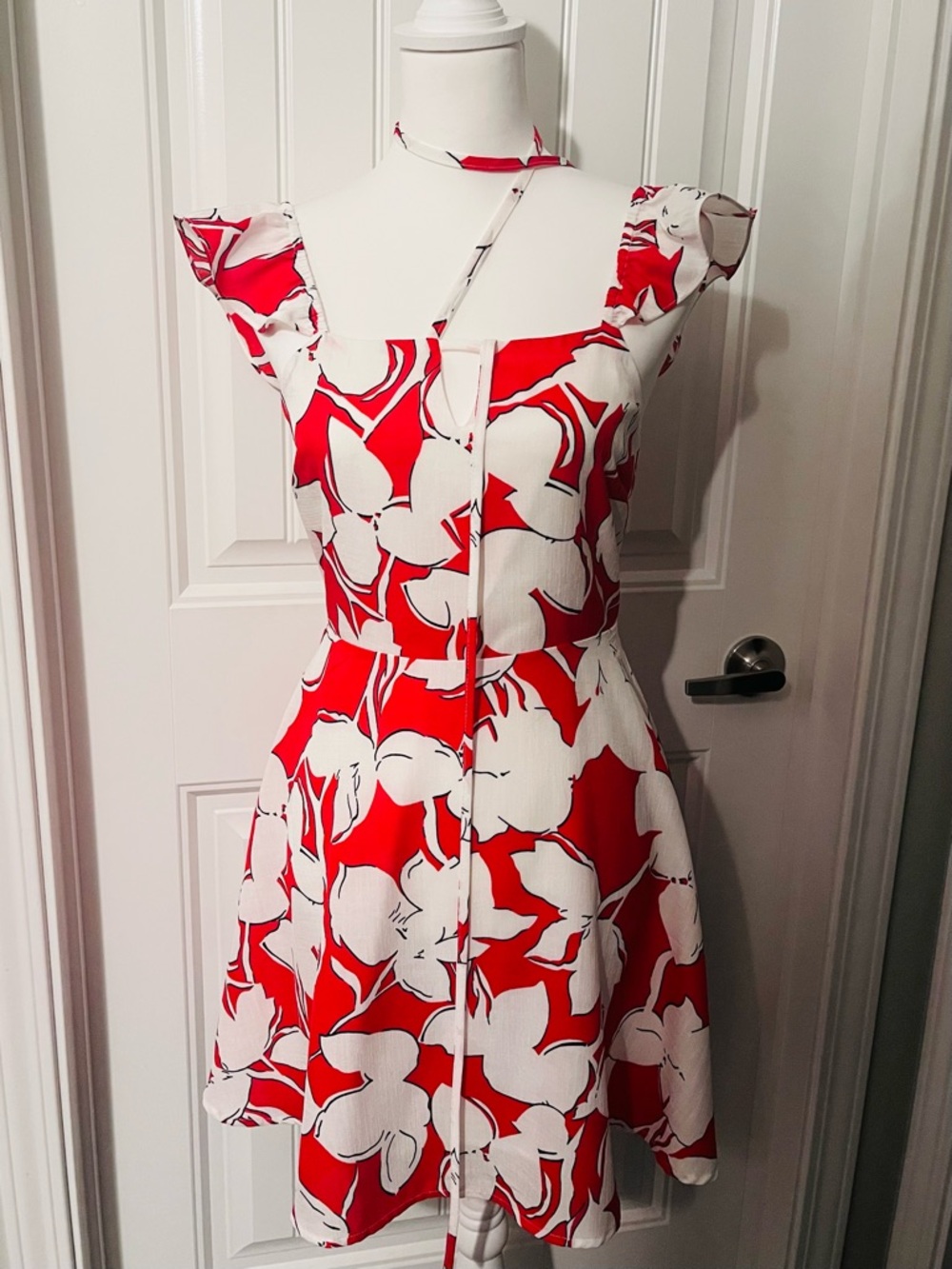 J.O.A. Red and White Floral Midi Dress with Choker Detail